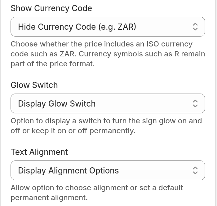 The General Settings page in the Merchant admin with the Glow Switch field set to Display Glow Switch