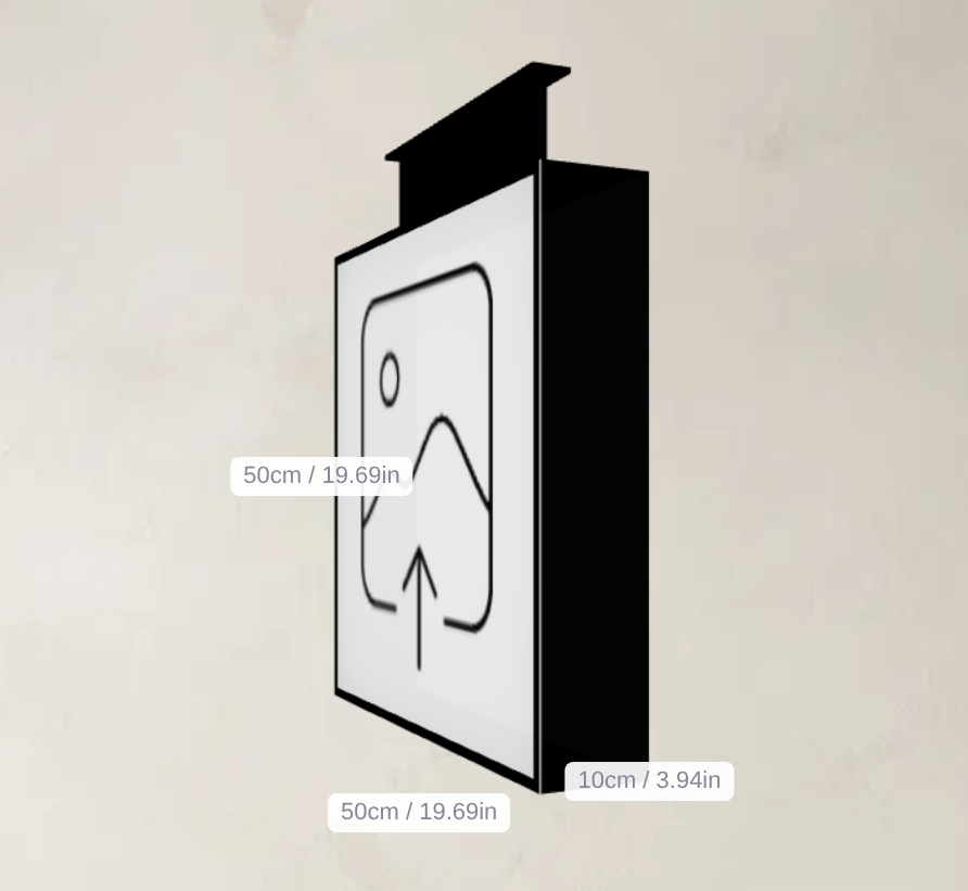 A lightbox in the customiser with boxed width, height and depth labels