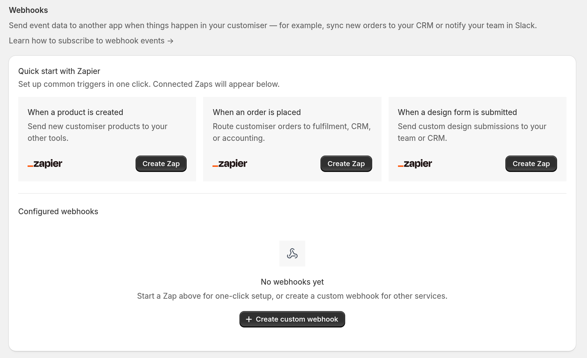 The Webhooks section of the Integrations and Webhooks page, with the Create custom webhook button.
