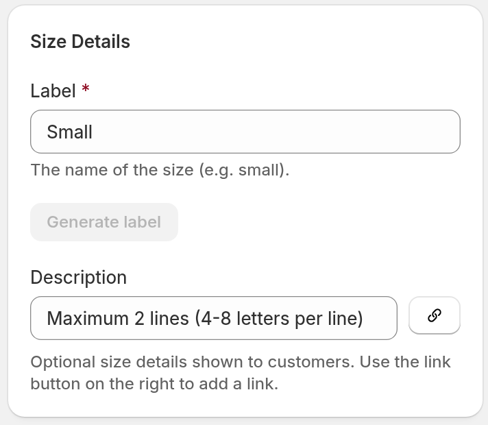 The Size Details form with the Label field and the Description field