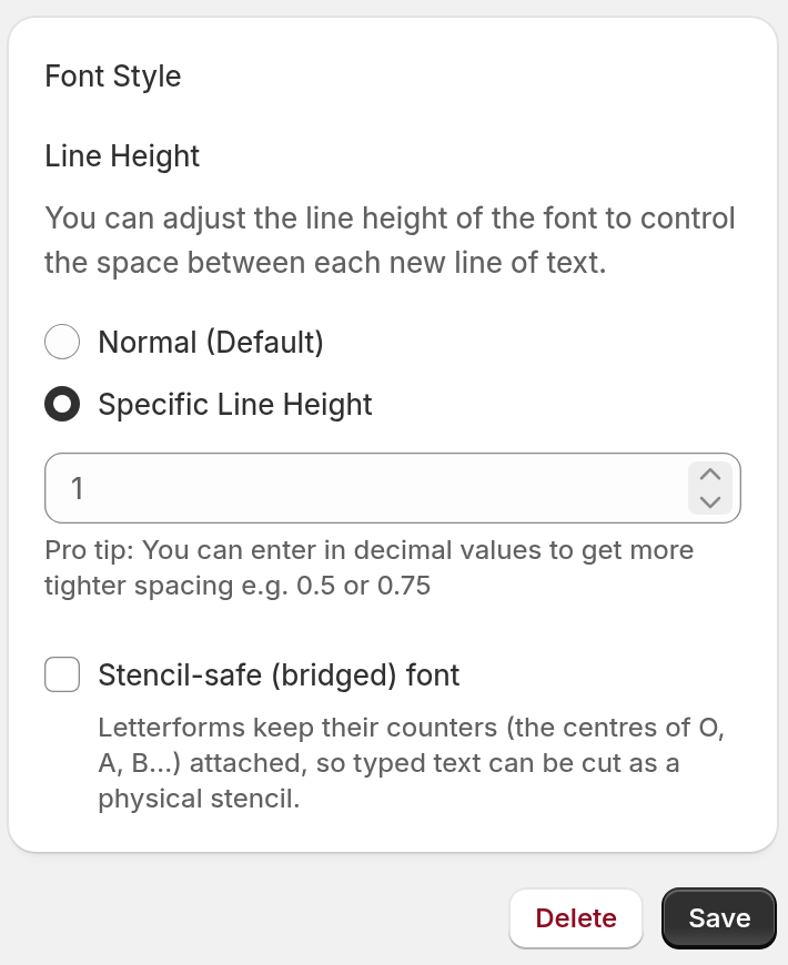 Edit Font page with Specific Line Height selected under Font Style and the Save button