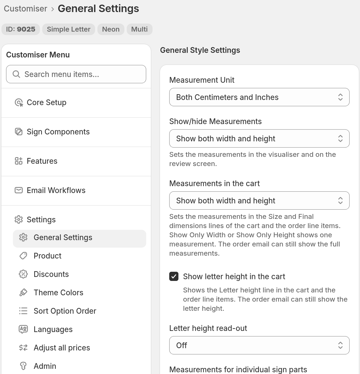 The Customiser Menu in the Sign Customiser admin with Settings, General Settings selected, next to the General Style Settings form