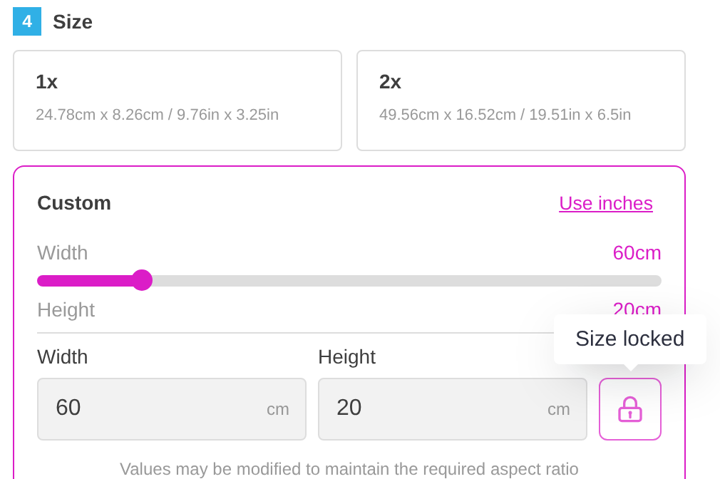 Custom size panel with the padlock closed and the tooltip Size locked