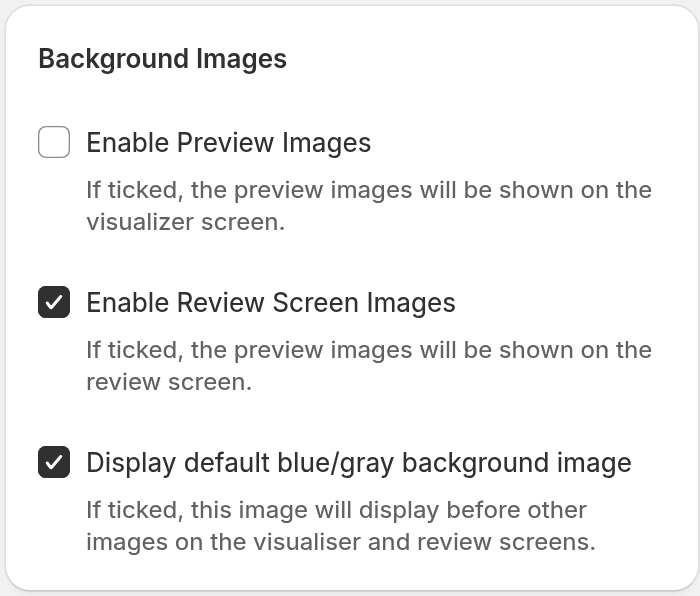 The Background Images card with Enable Review Screen Images ticked.