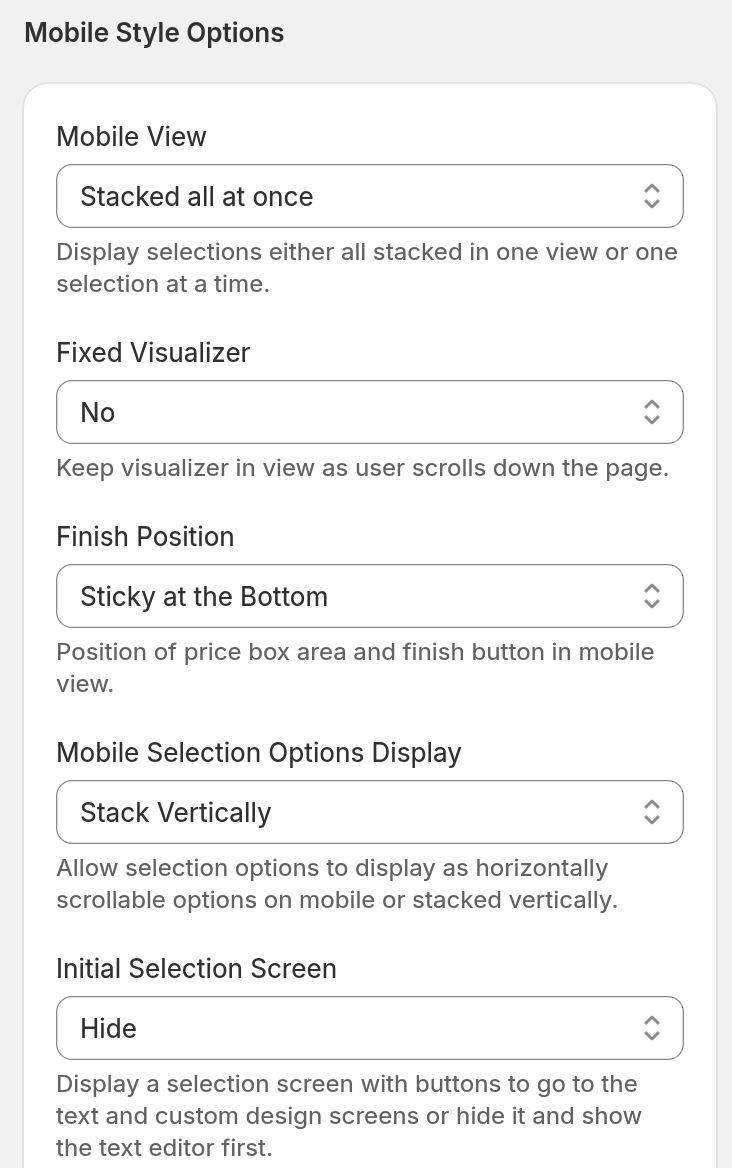 The General Settings page, scrolled to Mobile Style Options. The Initial Selection Screen setting is shown with its Show and Hide choices.