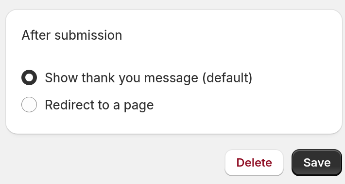 The bottom of the form editor with the Save and Delete buttons below the After submission card.