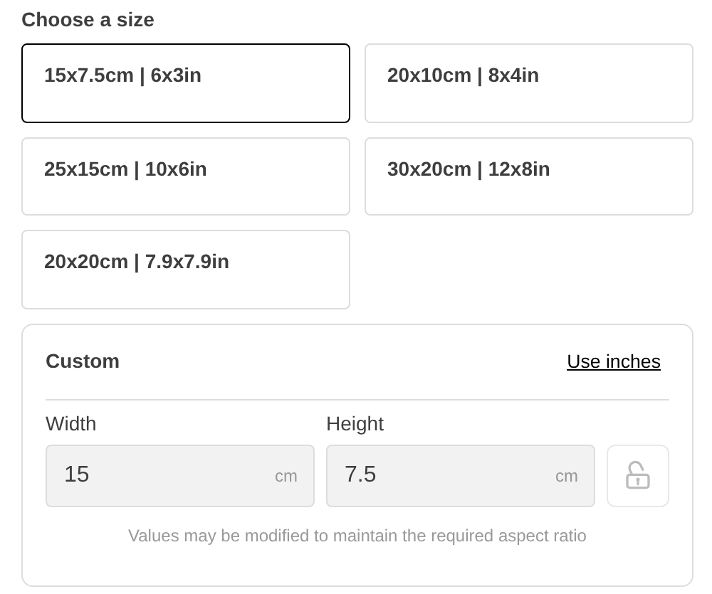 The Choose a size section of a Frame Fit customiser showing five preset size cards and a Custom card with Use inches link, Width and Height fields