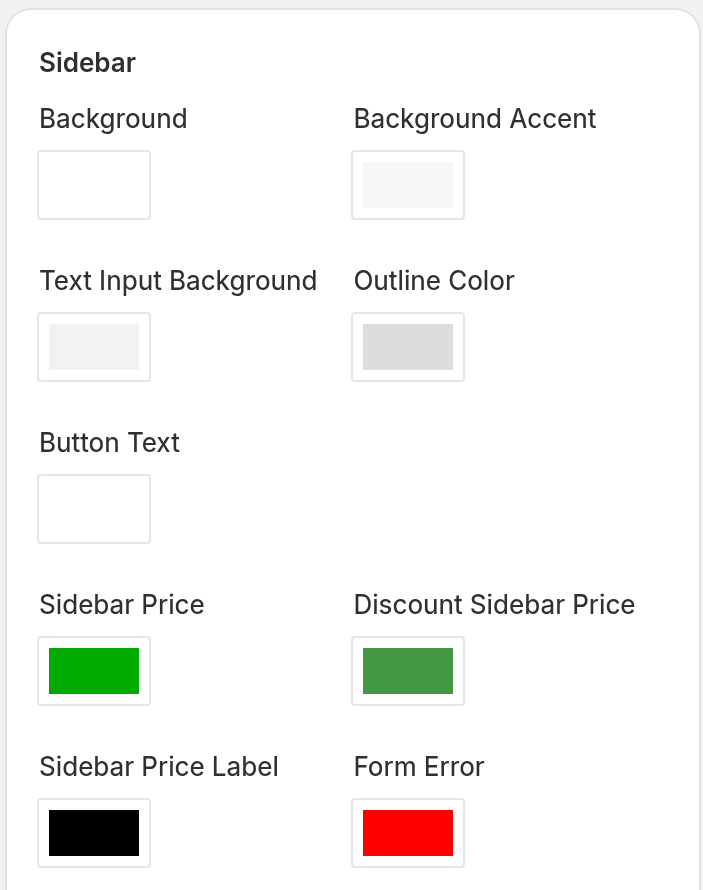 The Sidebar section of the Colour Scheme page with the Background, Background Accent, Text Input Background and Outline Colour fields