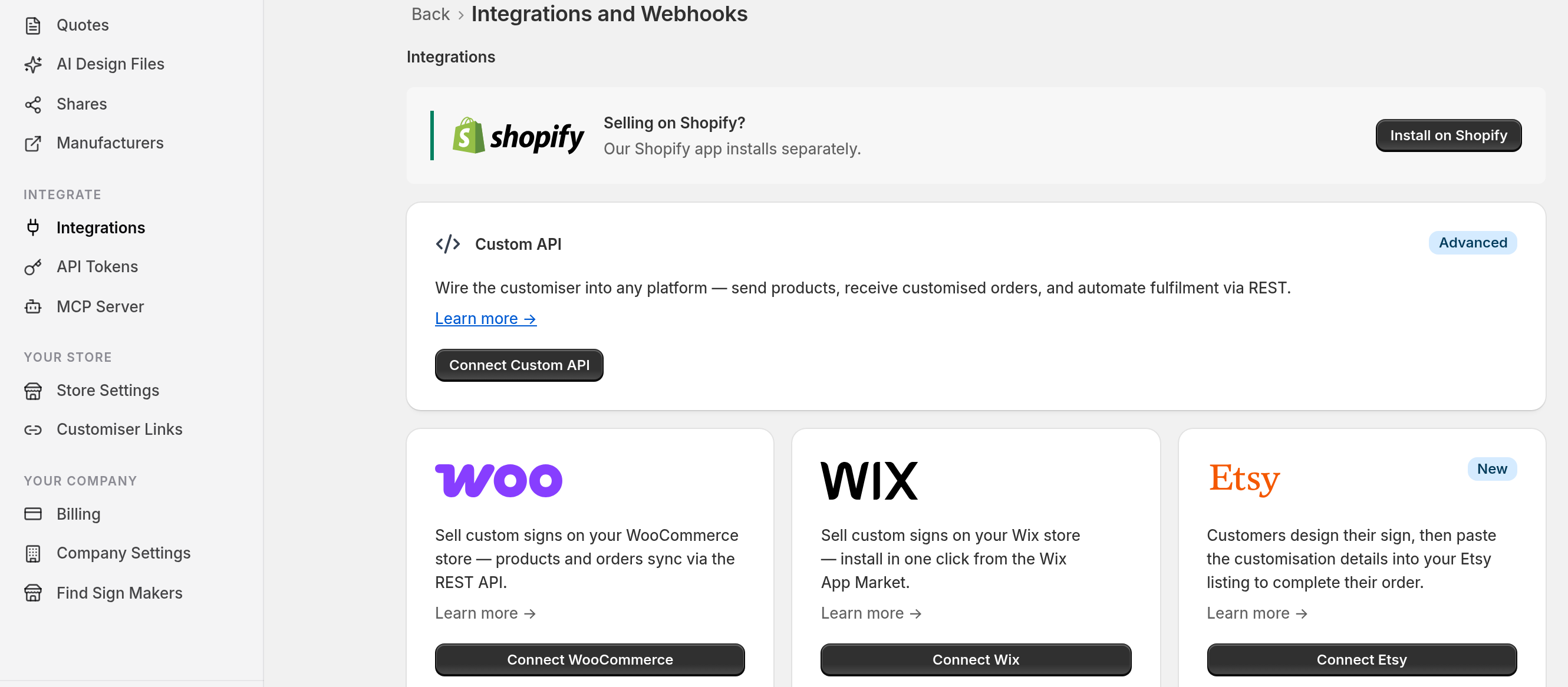 Sign Customiser admin sidebar with Integrate > Integrations selected, next to the integration cards for Custom API, WooCommerce, Wix and Etsy