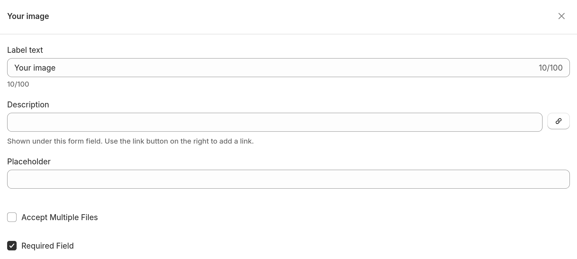 The File Upload field window. It shows Label text, Description, Placeholder, Accept Multiple Files and Required Field.