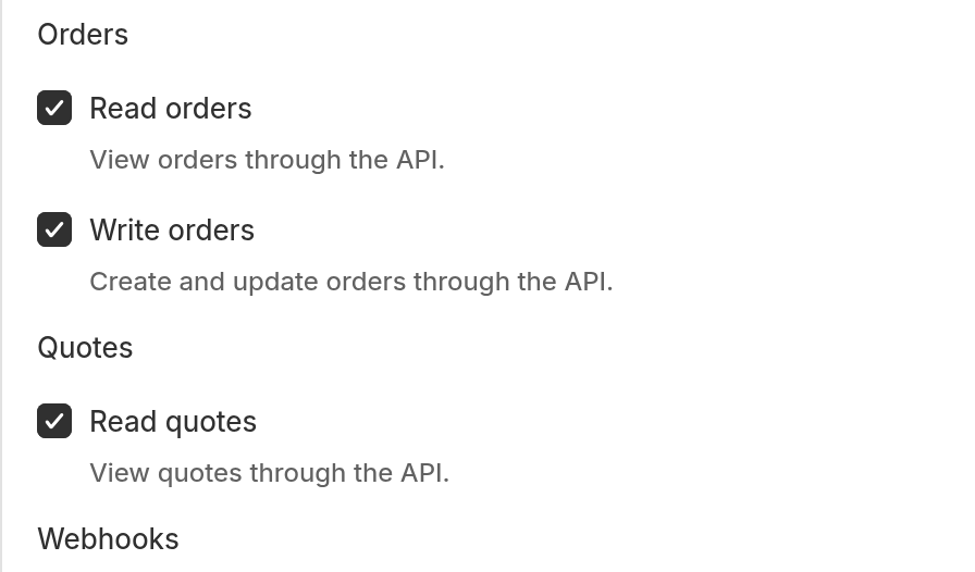 The Access section of the Create API key form with the Read quotes checkbox.