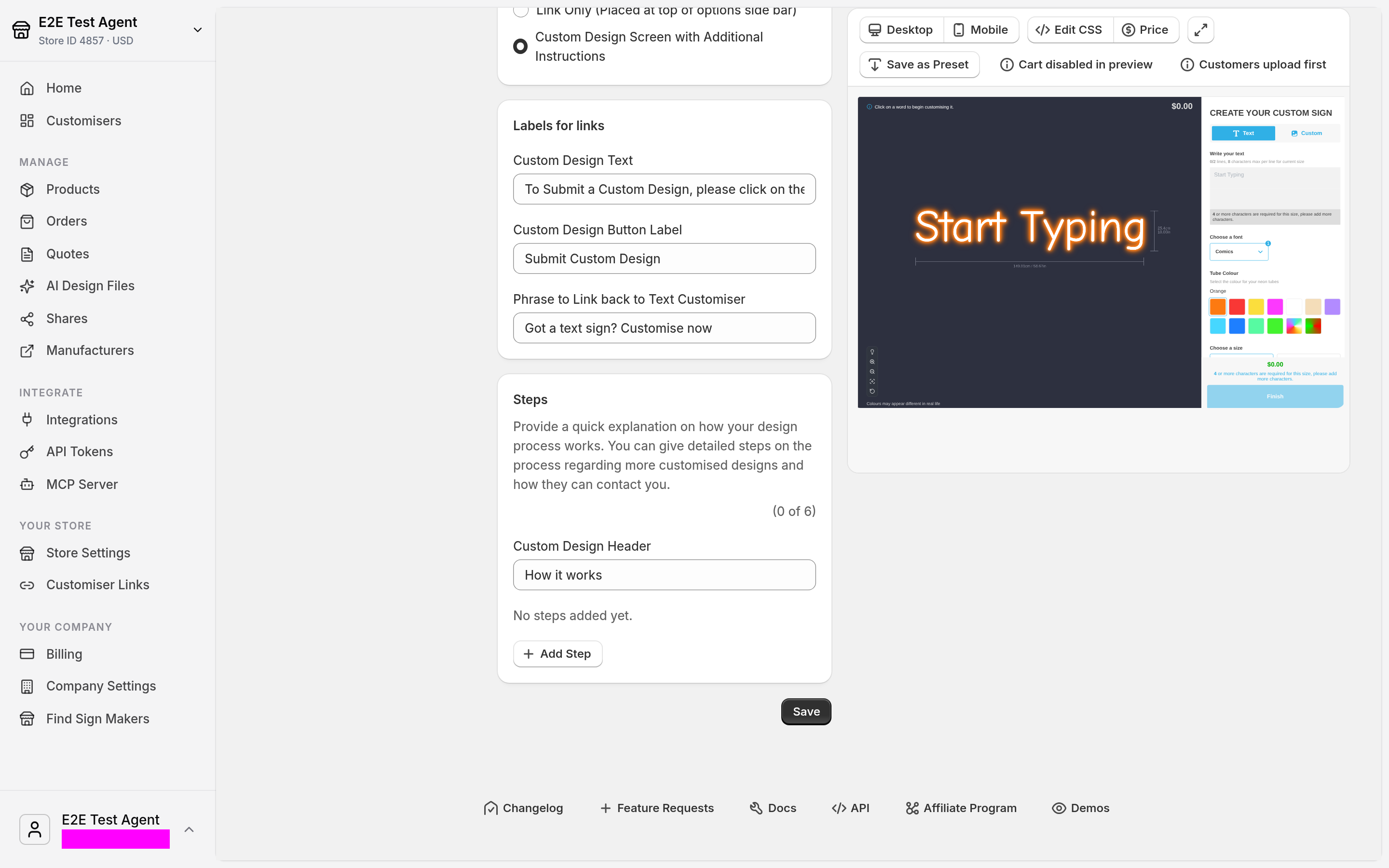Custom Design page with the Custom Design Screen with Additional Instructions display option selected. The Labels for links section and the Steps section are visible below it.