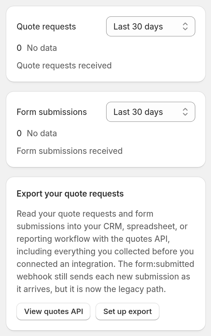 The Export your quote requests card on the Quotes page, with the View quotes API and Set up export buttons.