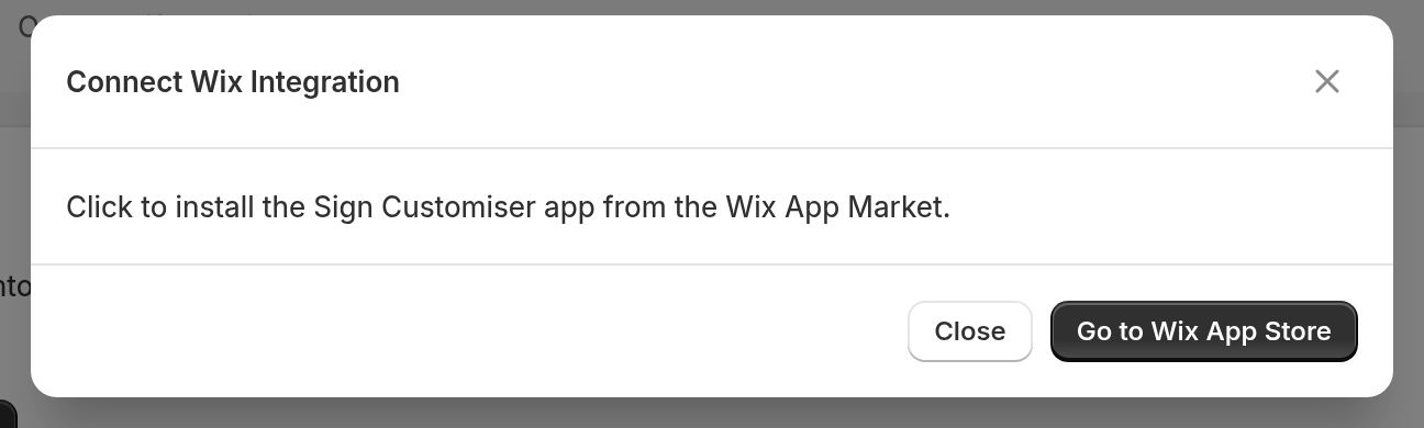 The Connect Wix Integration dialog with the Go to Wix App Store button