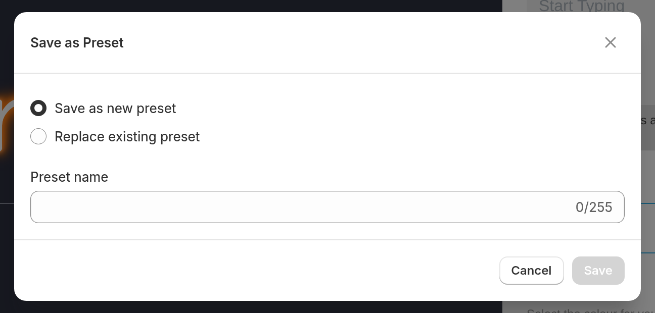 The Save as Preset dialog with the Save as new preset option selected and an empty Preset name field