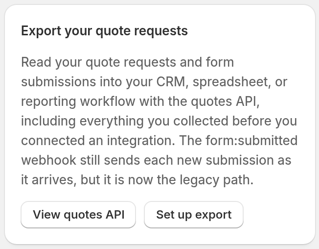 The Export your quote requests card on the Quotes page, with the View quotes API and Set up export buttons.