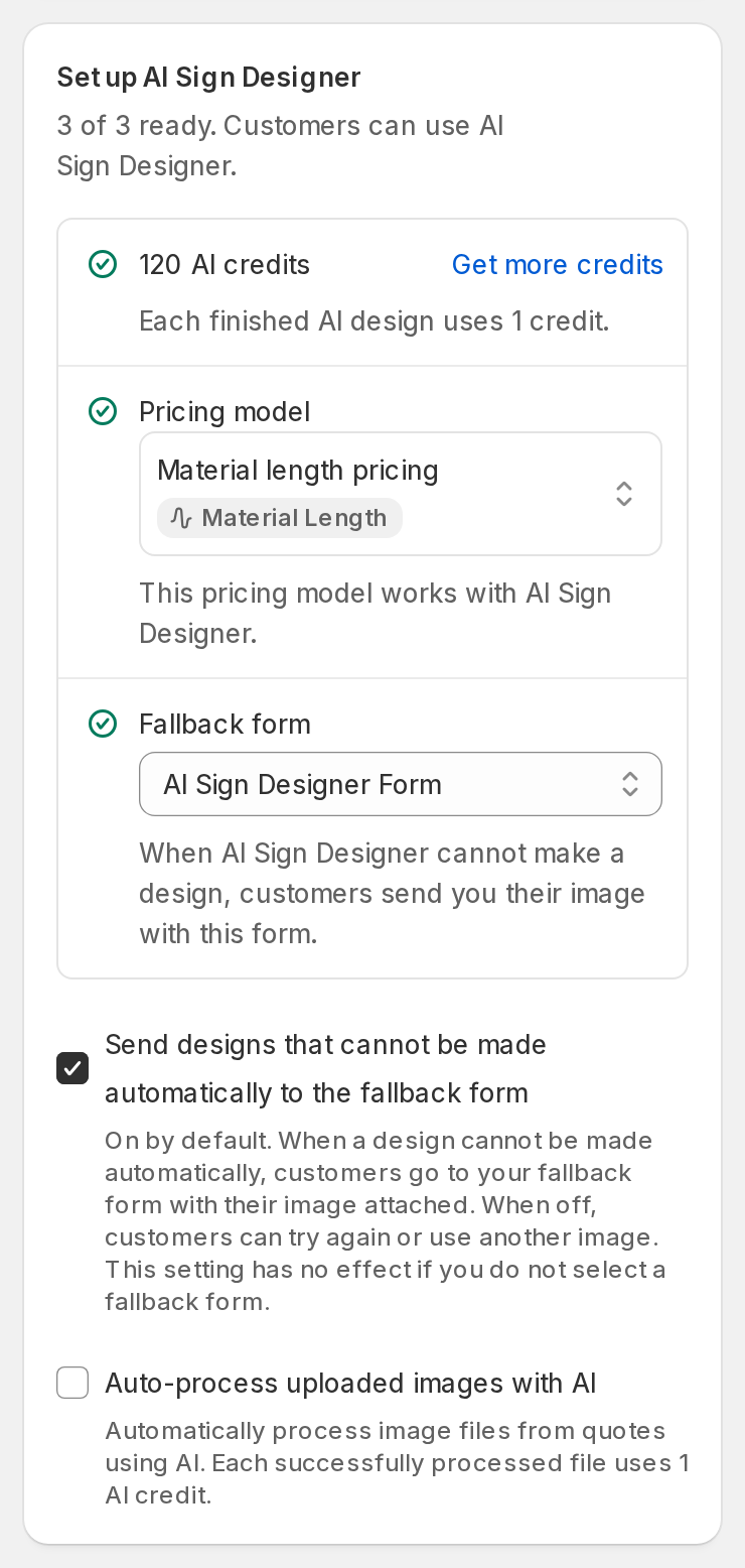 The Set up AI Sign Designer box showing 3 of 3 ready on a Material Length customiser