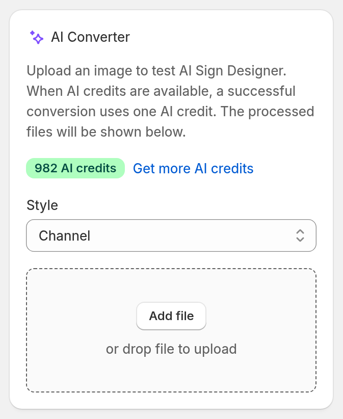 The AI Converter card on the AI Design Files page with the AI credit balance, the Style select and the Add file button