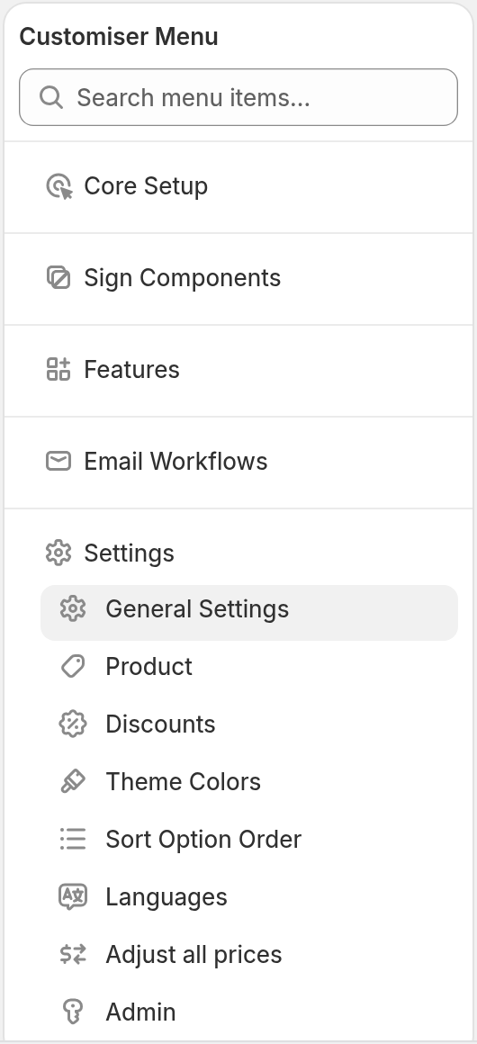 The Customiser Menu with the Settings group open and General Settings selected