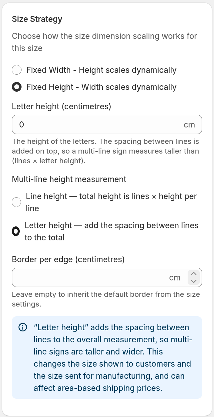 The Size Strategy card with Letter height selected, showing the Border per edge field and the note that Letter height changes the size shown to customers and sent for manufacturing
