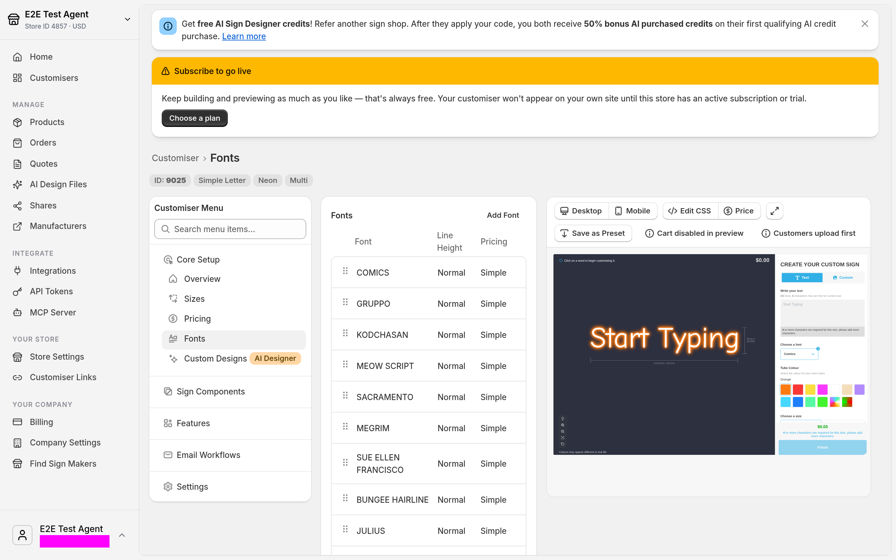 The Fonts page of a customiser in Sign Customiser, with Fonts selected under Core Setup and the Add Font button above the font list