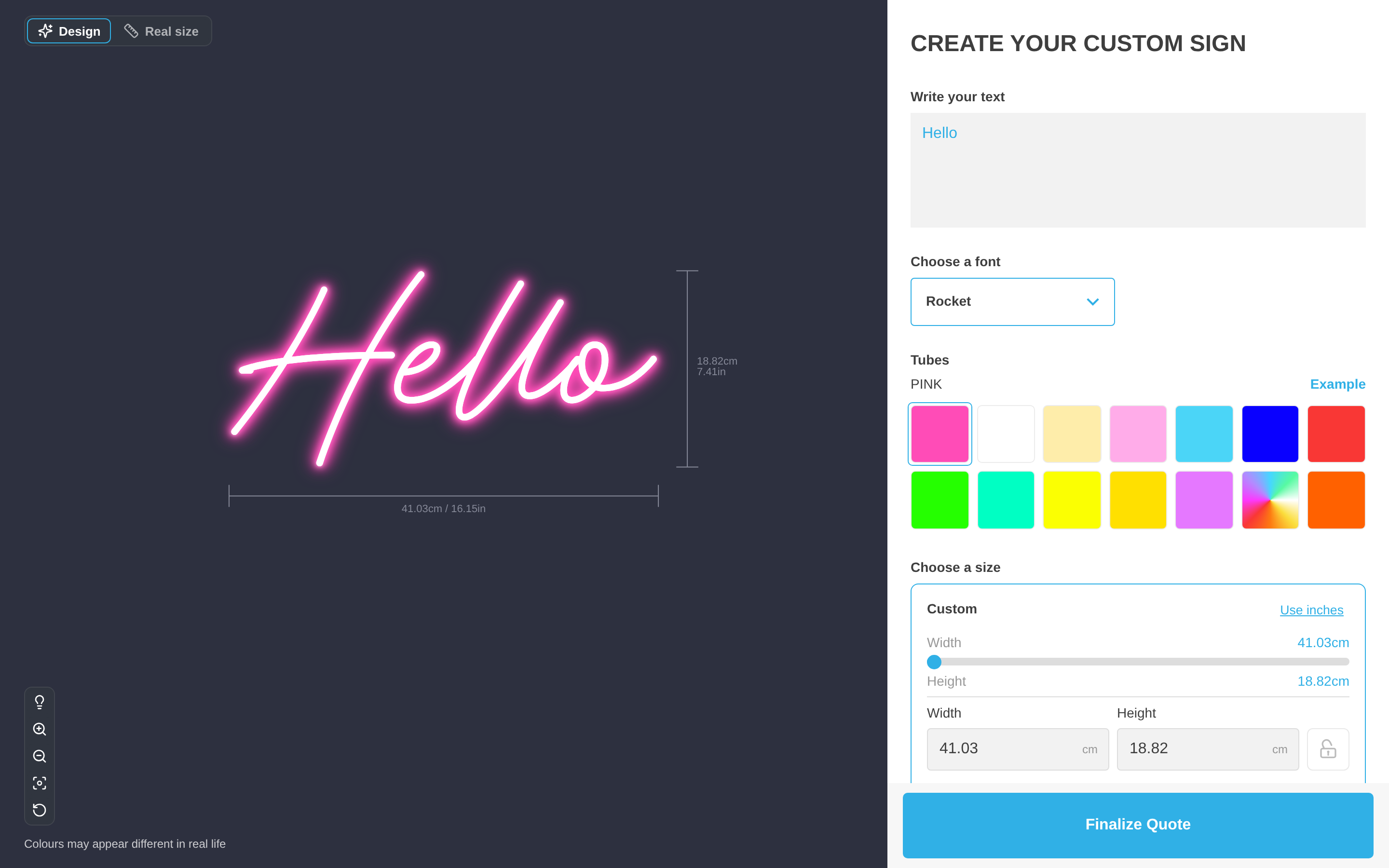 The customer customiser in Quote Mode with the Finalize Quote button at the bottom of the options panel