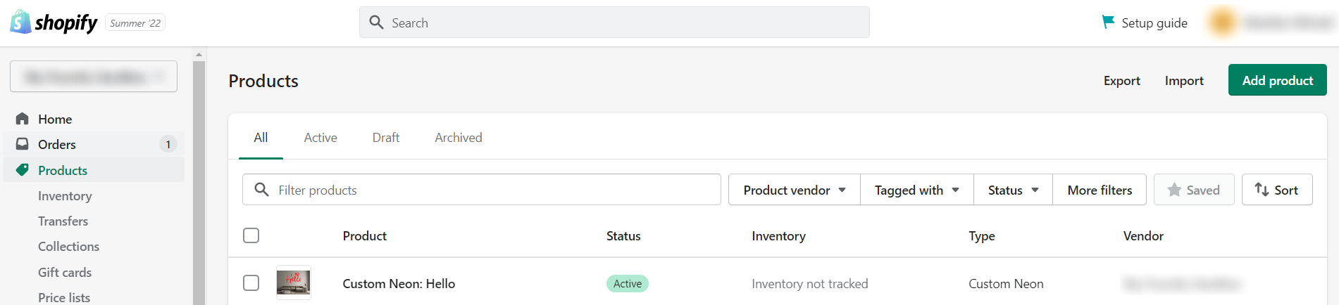 The Shopify Products page with a product named Custom Neon: Hello. The account name, the store name and the vendor name are blurred.