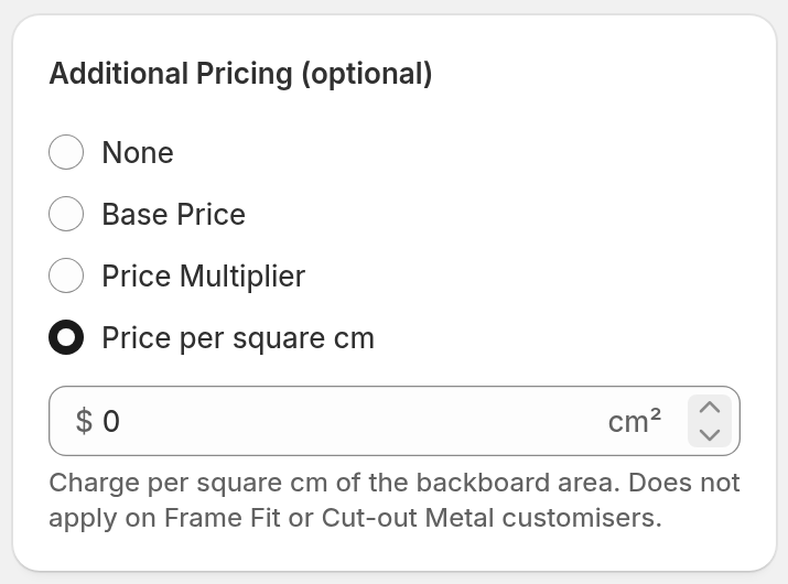 The Additional Pricing section of the backboard editor with Price per square cm selected and a rate field.