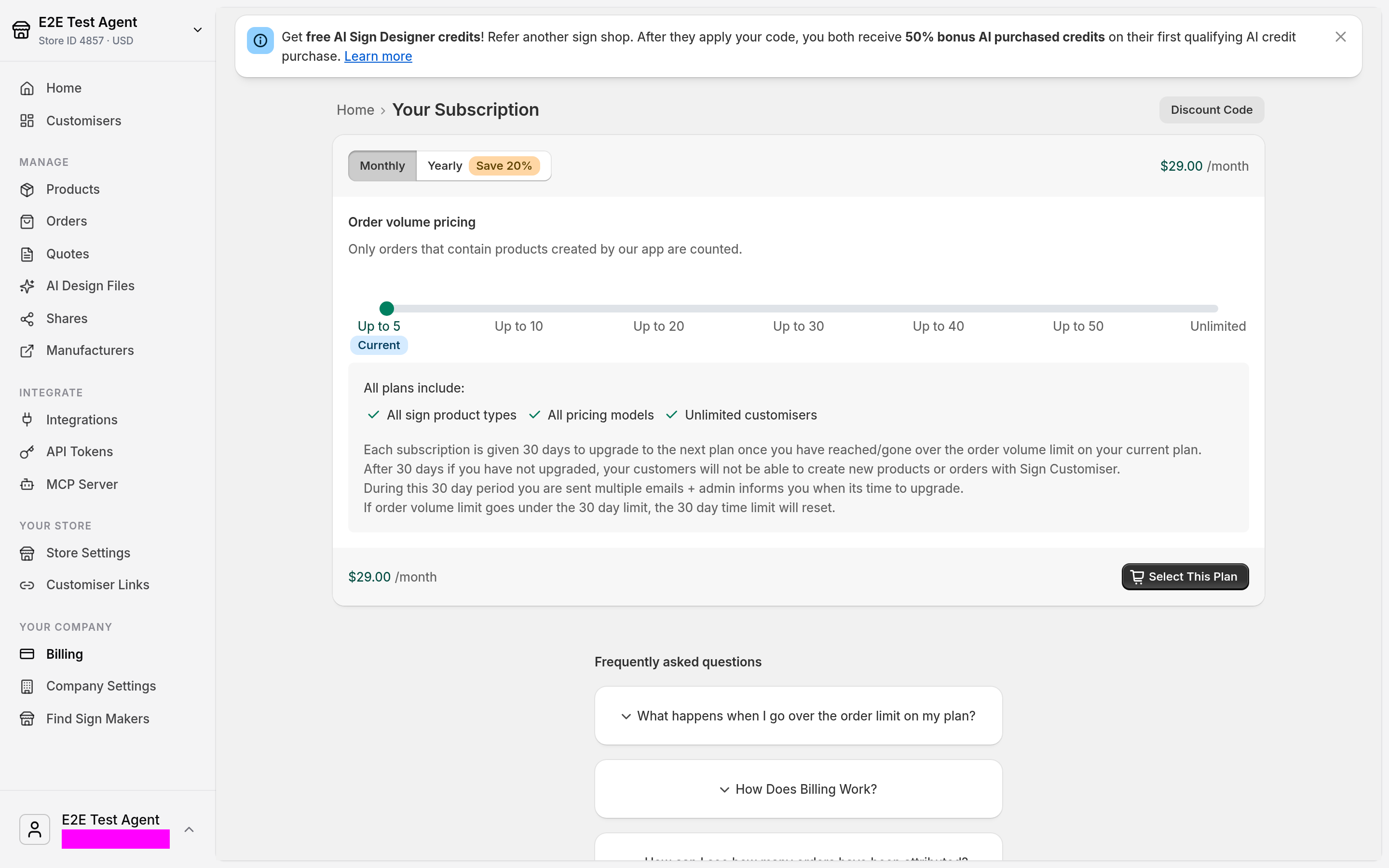 The Your Subscription page in the Universal admin with Billing selected in the sidebar under Your Company