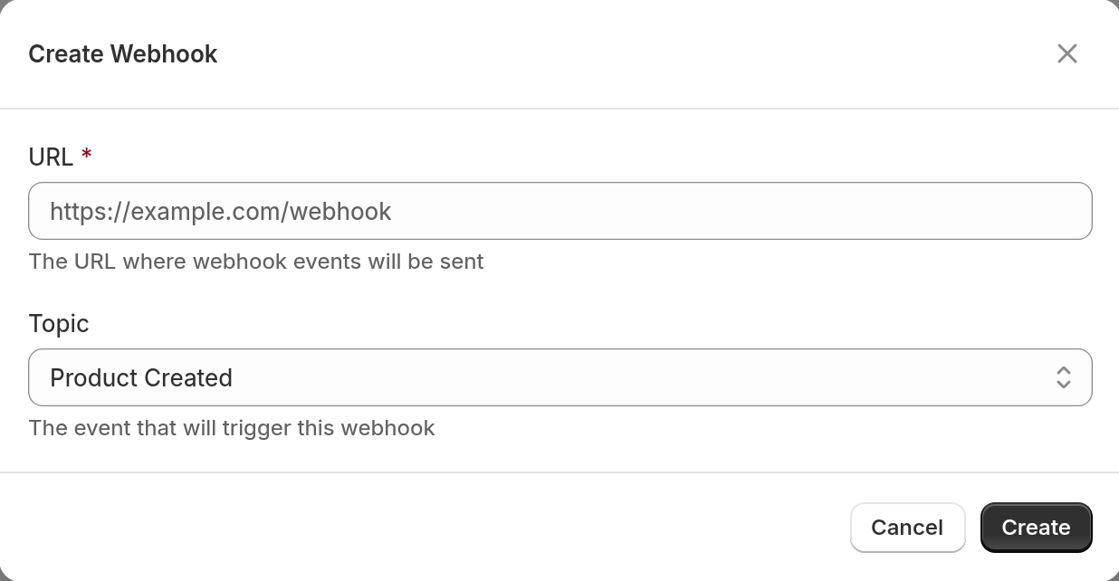 The Create Webhook window with the URL and Topic fields.