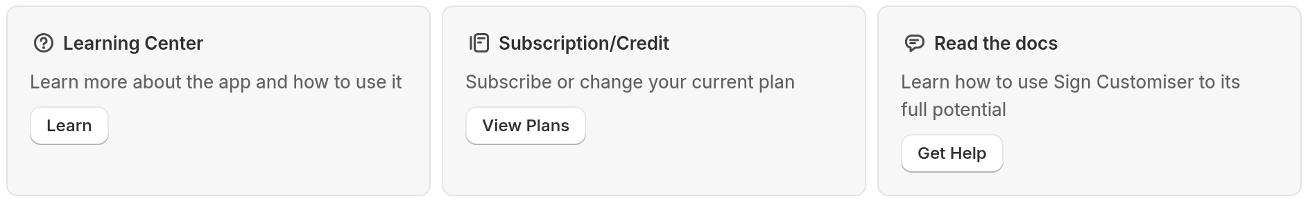The Subscription/Credit card on the Sign Customiser Home page with the View Plans button