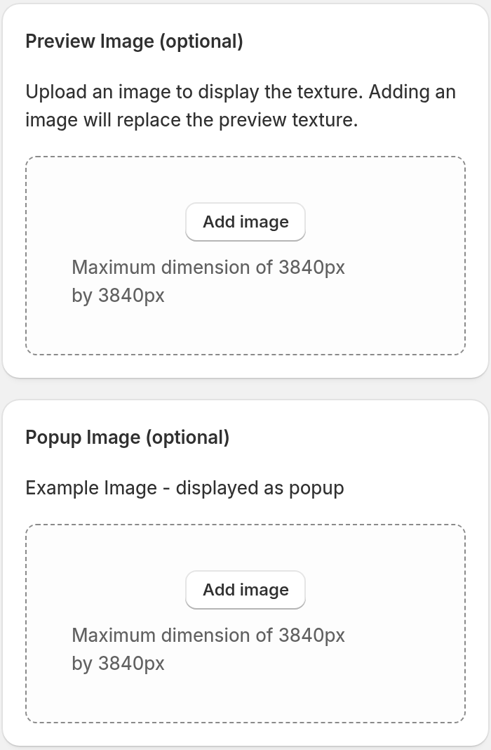 The Preview Image and Popup Image cards in the colour editor