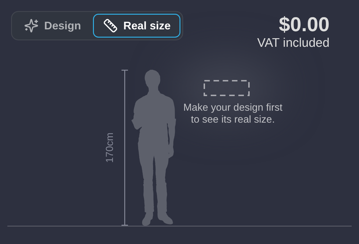 The Real size view on a phone with no sign. A dashed outline and message appear beside the person.