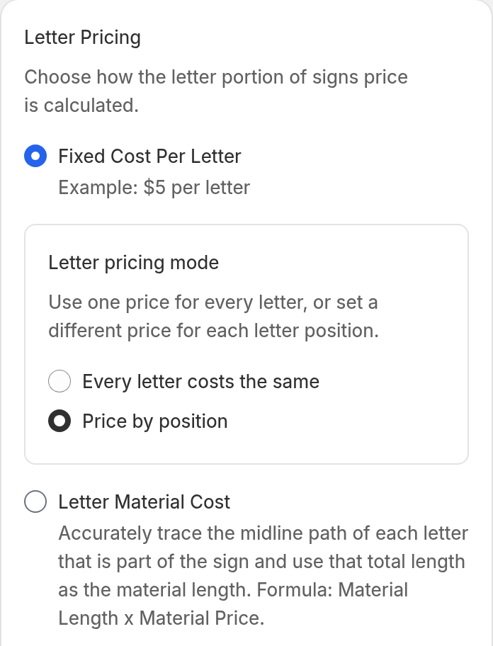 The Letter Pricing card in the Advanced Letter pricing form. Fixed Cost Per Letter is selected. Under Letter pricing mode, Price by position is selected. Letter Material Cost is the second option.