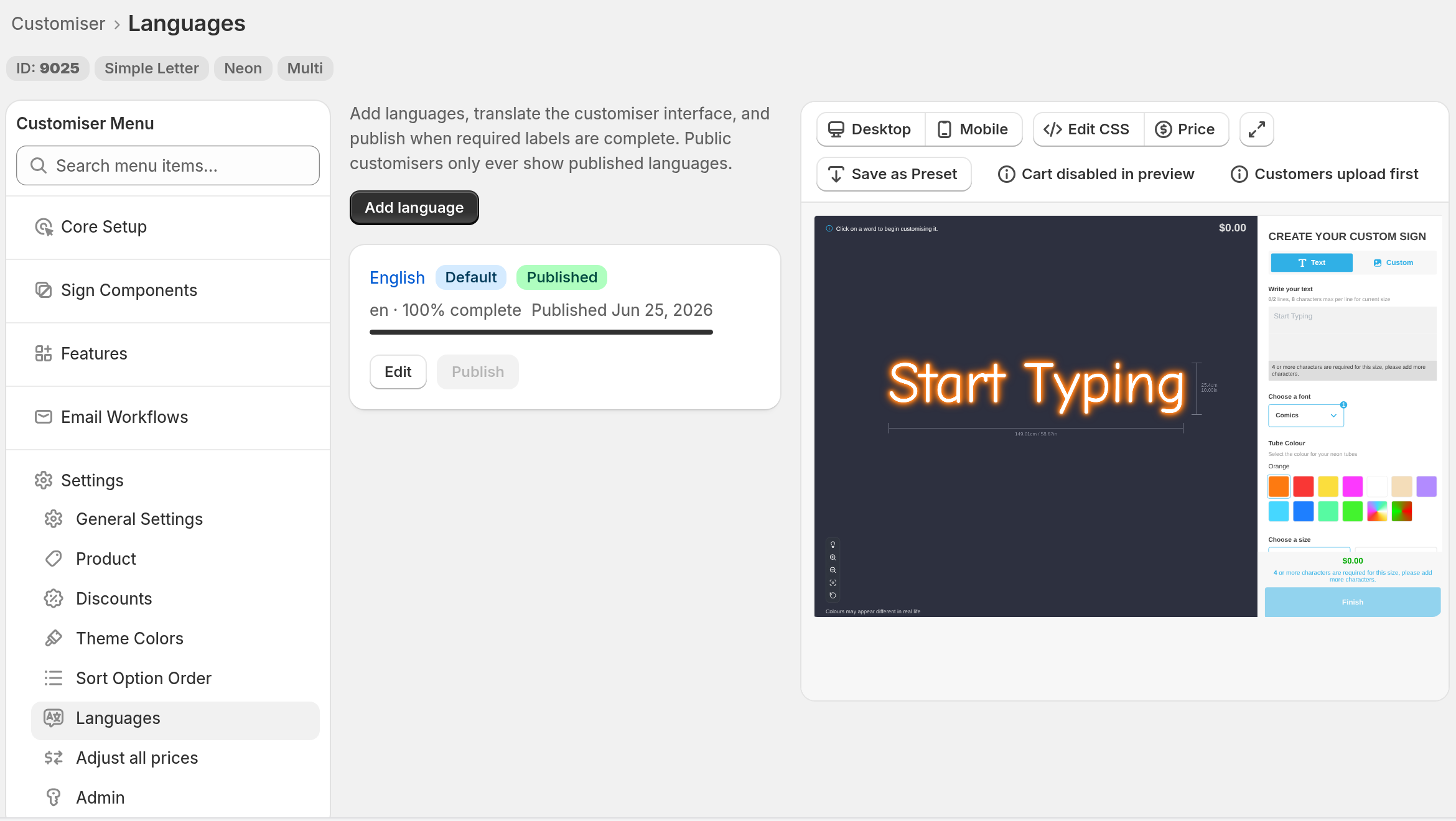 The Languages page in the Sign Customiser admin, with Settings and Languages selected in the Customiser Menu and the Publish button on the language card