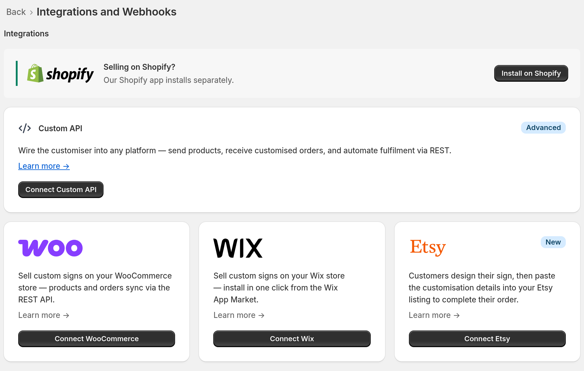The Integrations and Webhooks page with the Wix card and its Connect Wix button
