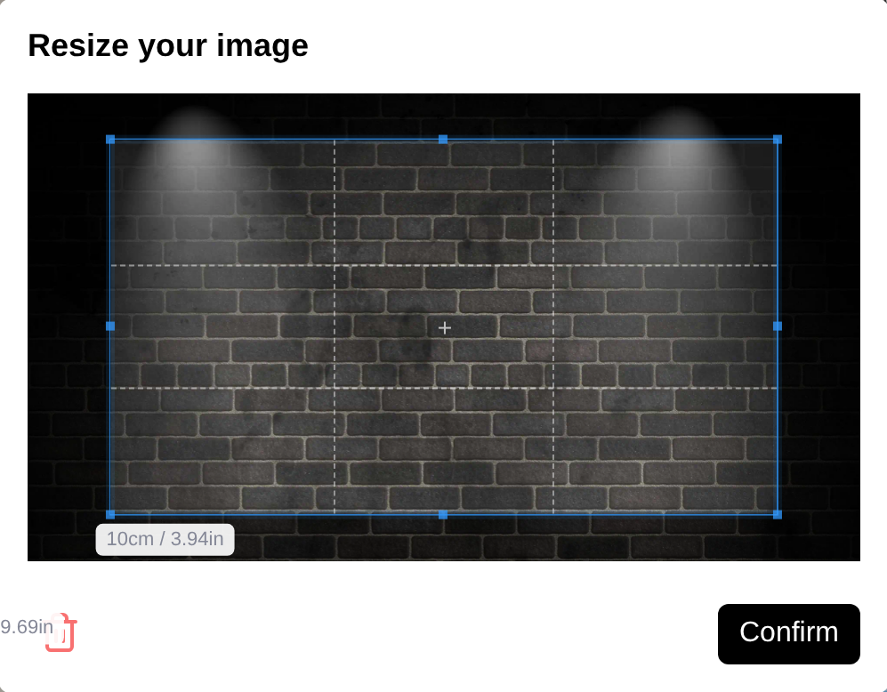 The Resize your image window with a crop box over the uploaded photo and a Confirm button