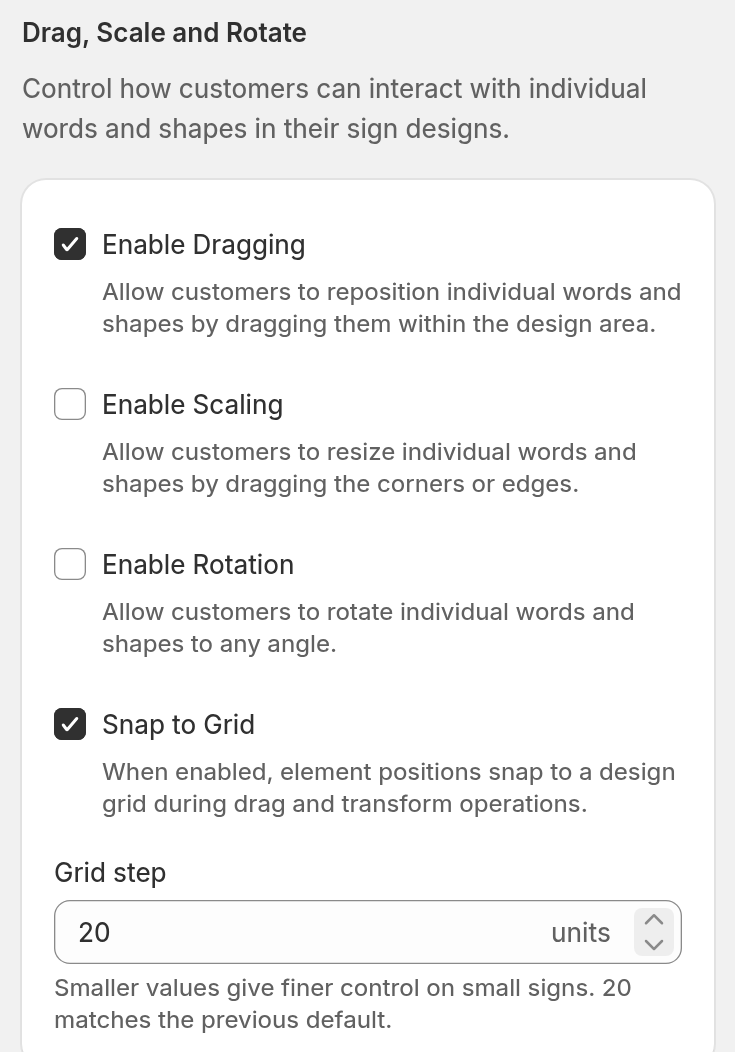 The Drag, Scale and Rotate settings with Snap to Grid ticked and the Grid step field set to 20 units