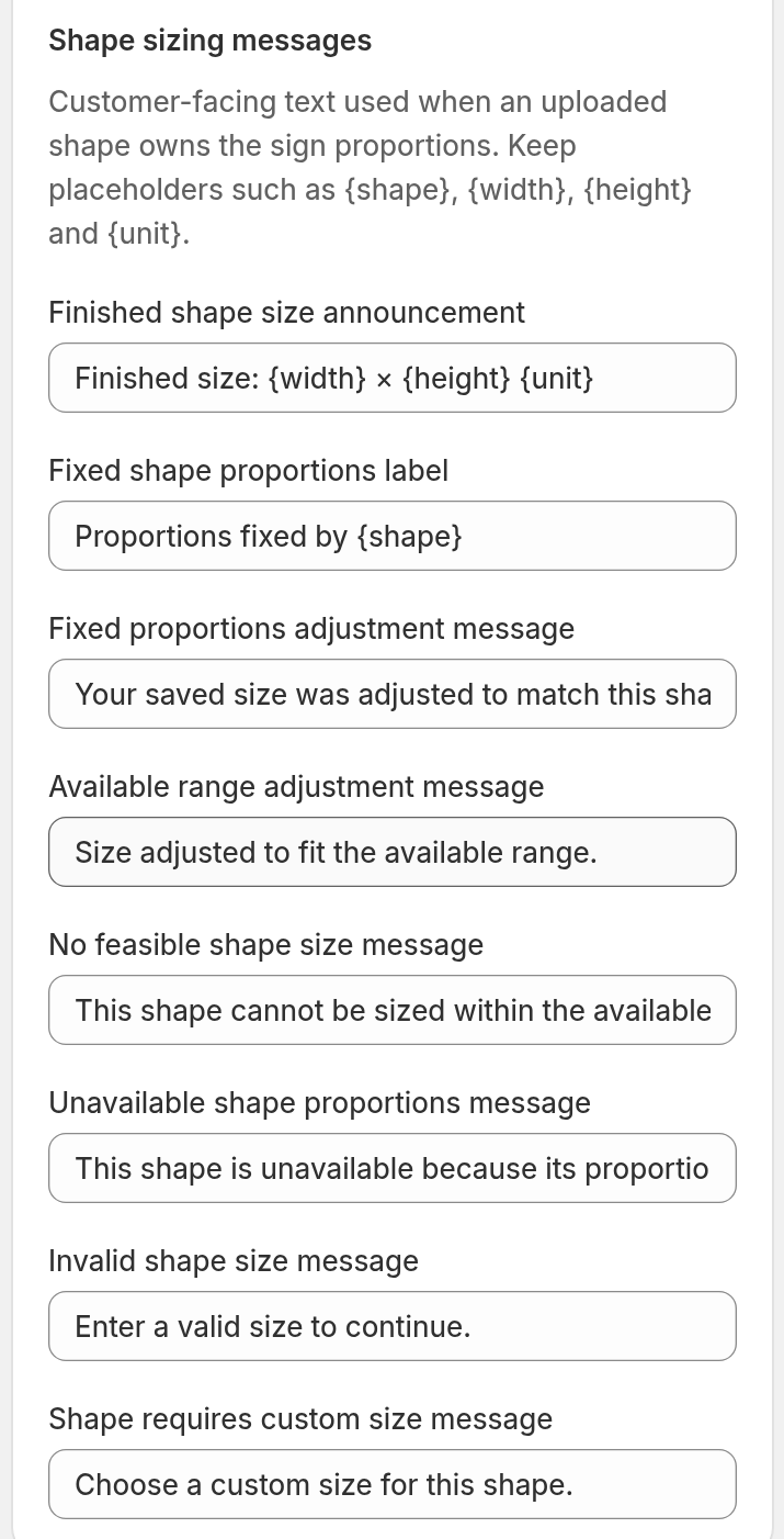 The Shape sizing messages fields on the Review Screen page of the admin