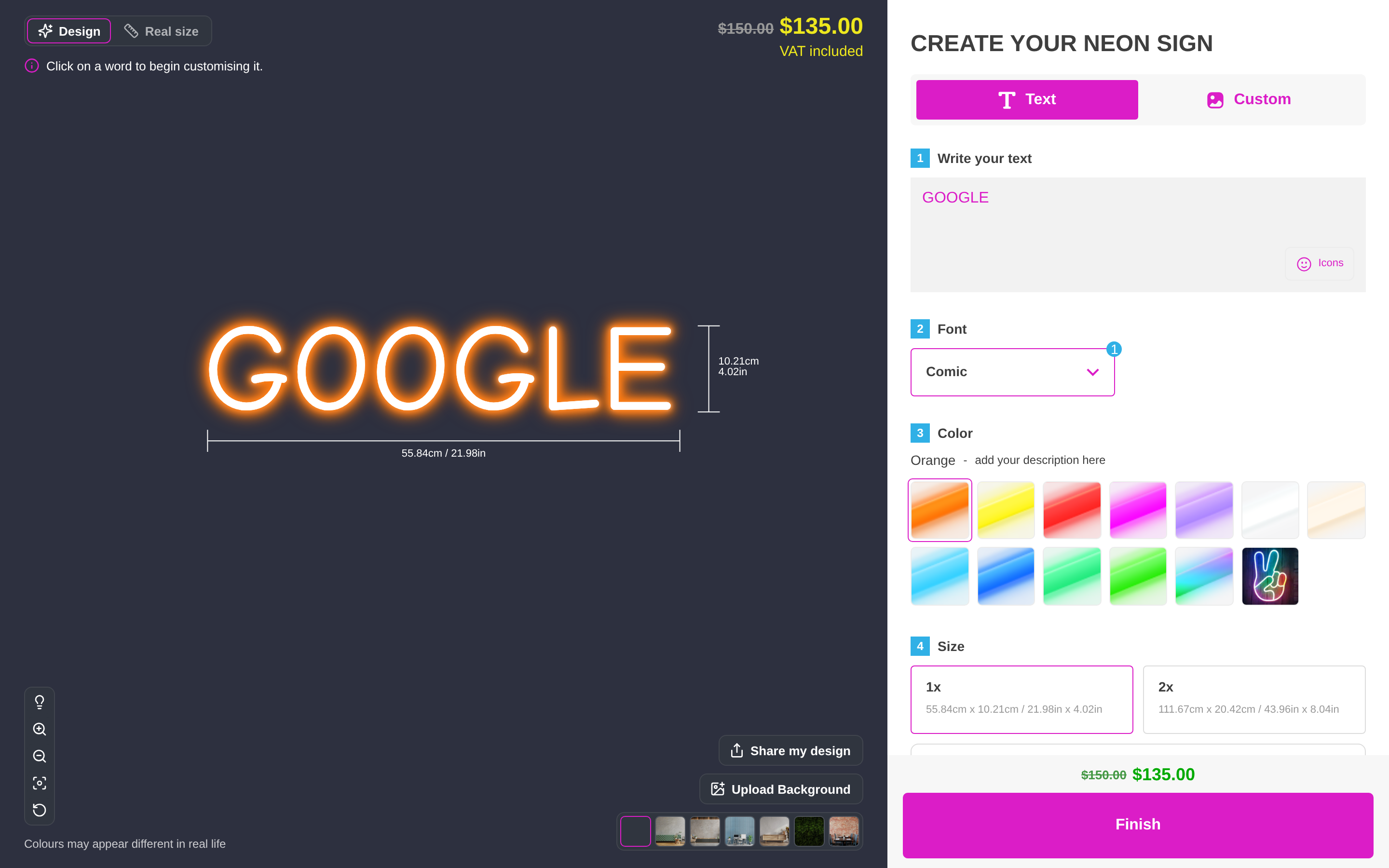 Customer customiser showing the word GOOGLE as a neon sign with height and width measurement lines