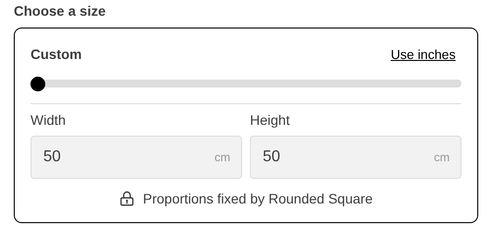 The Choose a size card for a Custom Shape backboard, with a Custom slider, Width and Height fields and the text Proportions fixed by Rounded Square
