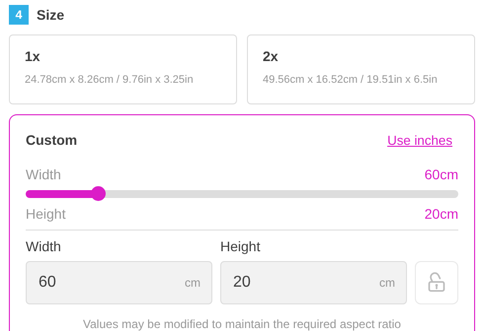 Custom size panel with a typed width of 60 cm and the padlock still open