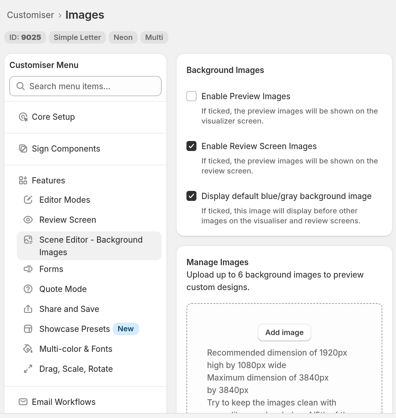 The Images page of a customiser with Scene Editor - Background Images selected in the menu, the Background Images options and the Manage Images upload area