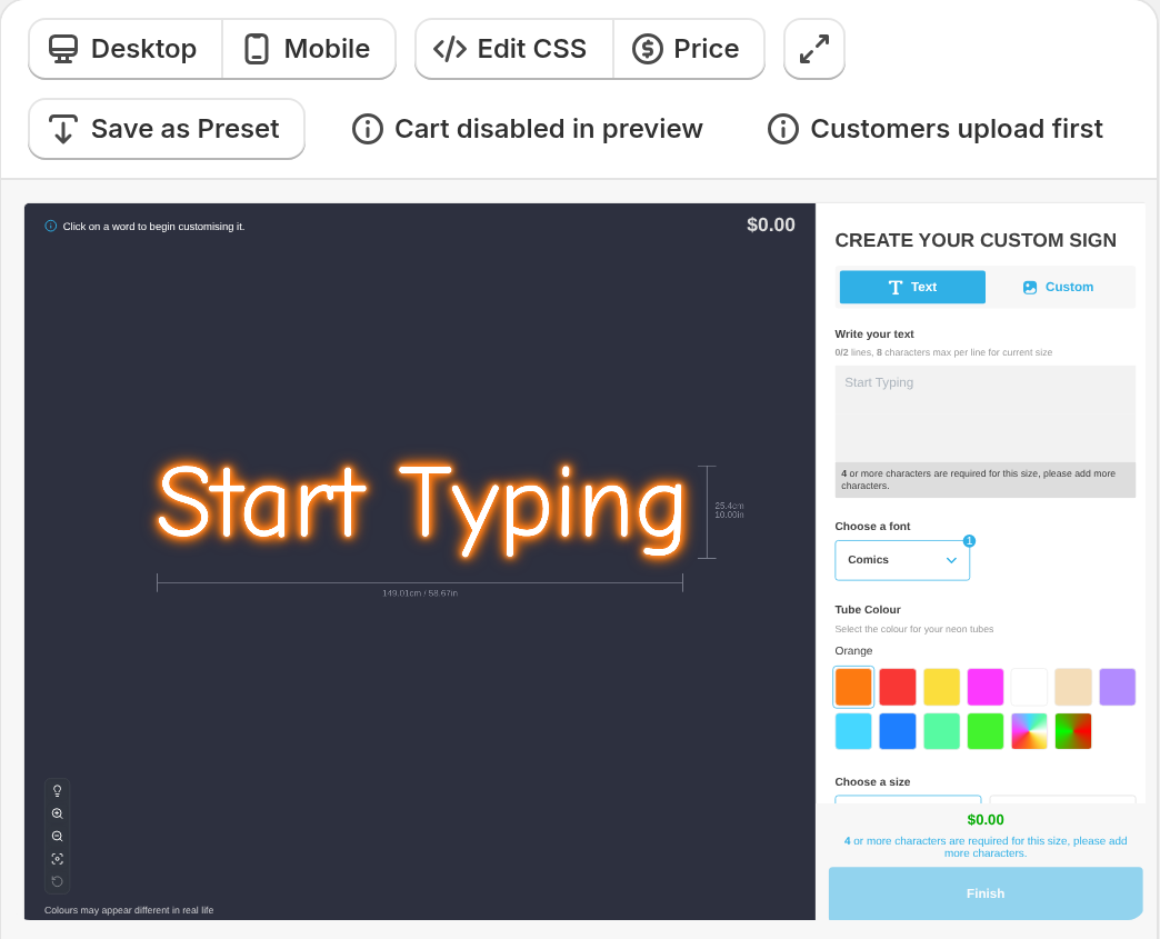 The preview toolbar in the customiser admin with the Edit CSS button next to Desktop, Mobile and Price.