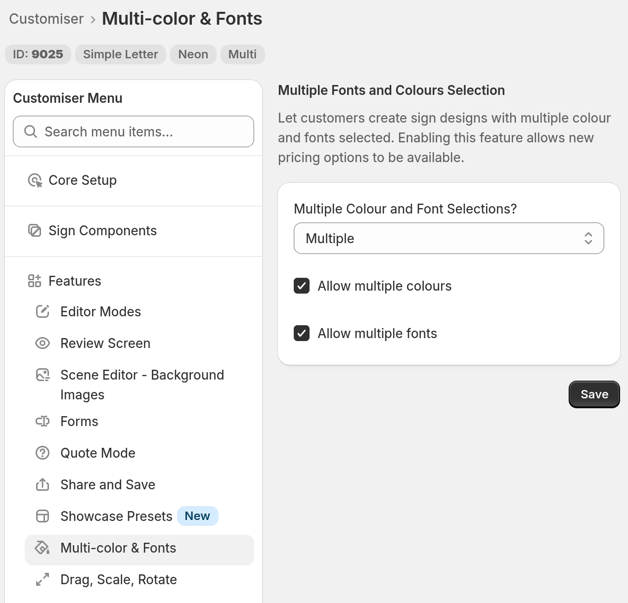 The Multi-colour & Fonts page in the customiser menu, with Multiple Colour and Font Selections set to Multiple and the Allow multiple colours and Allow multiple fonts check boxes ticked