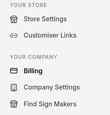 The Universal admin sidebar with Billing highlighted under Your Company