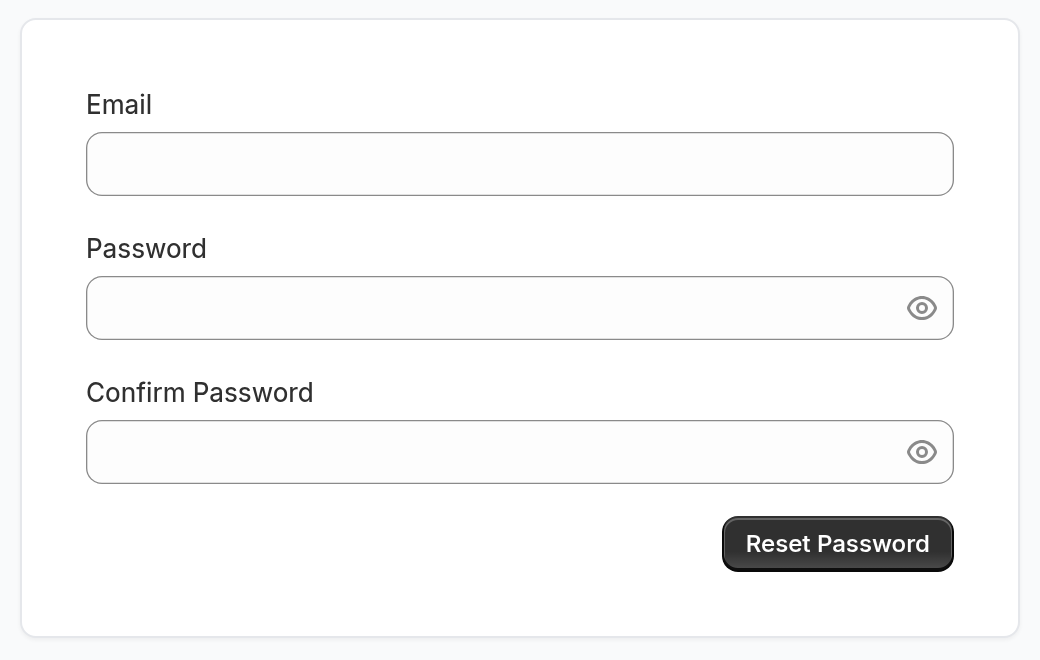 The Reset Password page with empty Email, Password and Confirm Password fields and the Reset Password button