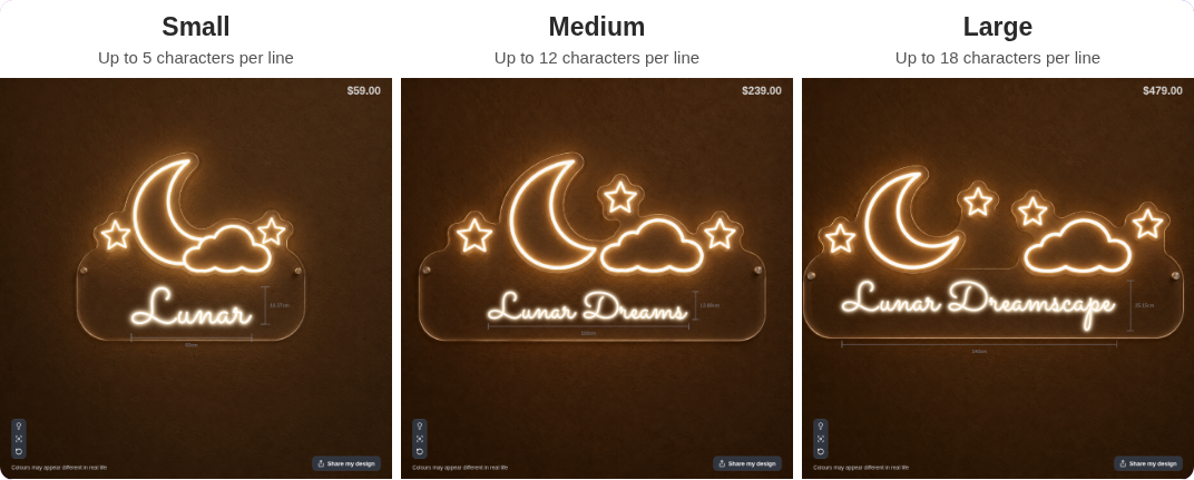 The same neon sign with the text Lunar at Small, Lunar Dreams at Medium and Lunar Dreamscape at Large.