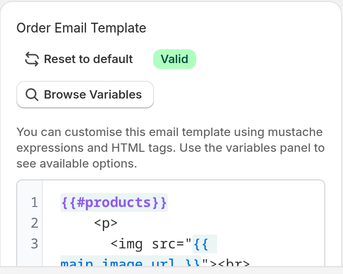The Order Email Template card with the Reset to default and Browse Variables buttons