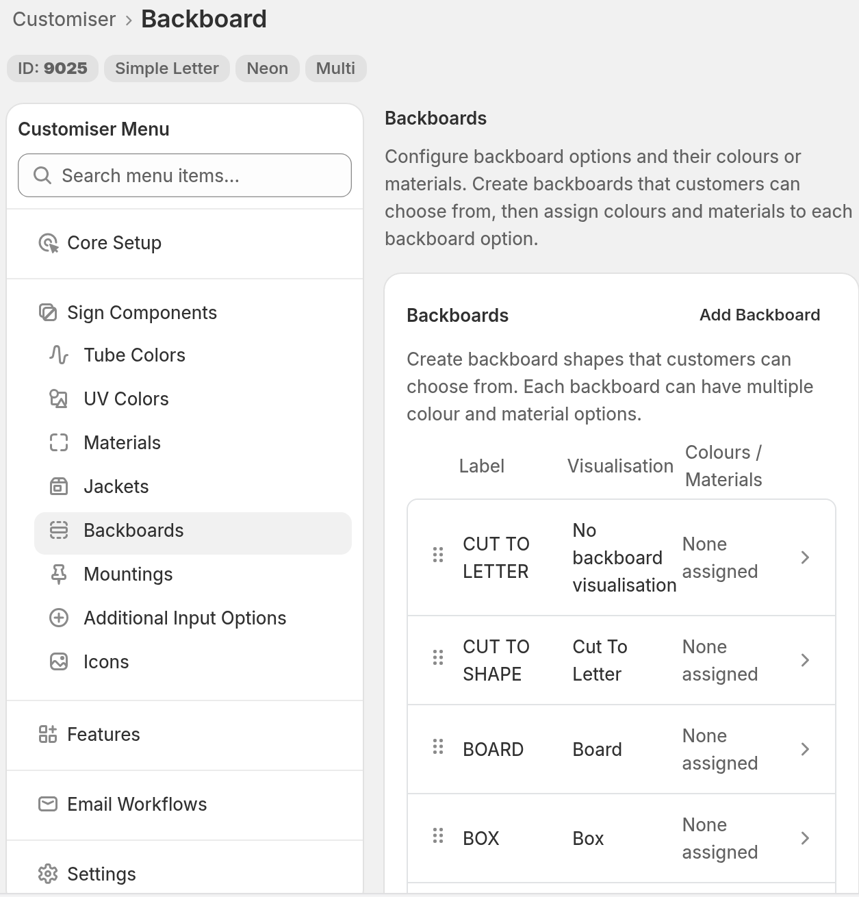 The Backboards page in the customiser admin, with Backboards selected under Sign Components and the Add Backboard button visible.